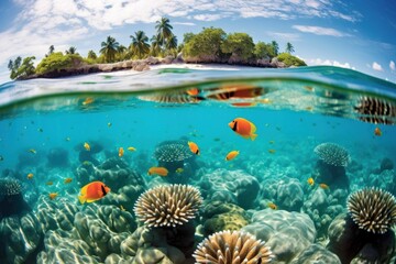 Fototapeta na wymiar AI generated illustration of colored fish swimming over a vibrant coral reef near a tropical island