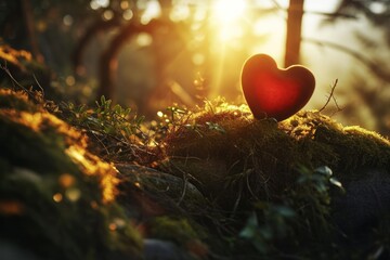 A heart in the forest in the spring morning sun. A sign that love is all around us. Sunlight and sunrays in background.