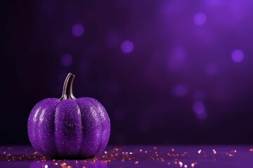 AI generated illustration of a purple glittered pumpkin in front of a bokeh background