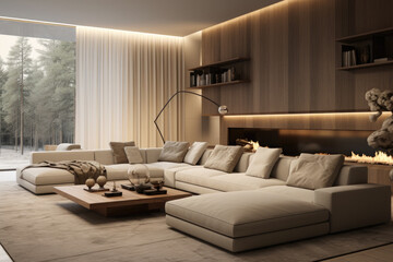 Modern, rich, elite living room interior. Light, beige color scheme. 3D rendering