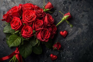 AI generated illustration of a top view of a Valentine's day bouquet of red roses with dewdrops