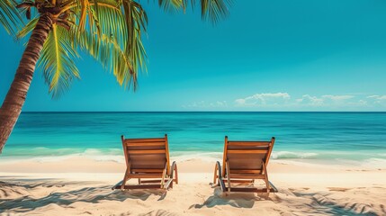 Obraz premium A stunning beach with chairs by the water. A tourist idea for a summer vacation and summer getaway. A motivating tropical setting.