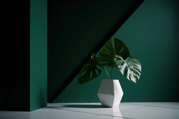 AI-generated illustration of a green potted plant in a white vase against a green wall.
