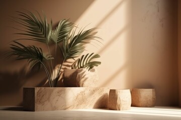 AI-generated illustration of a plant sitting in rustic stone planters, perched atop a wooden table.