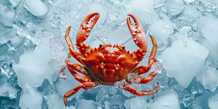 A vibrant red crab surrounded by crushed ice.