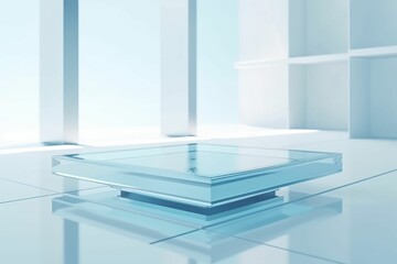 AI generated illustration of a glass display on a marble table in a white room