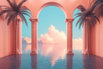 AI generated illustration of palm trees against pink columns in water