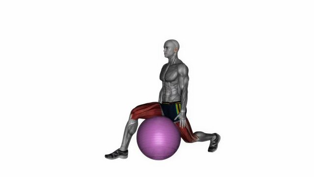 3D-rendered animation of a man doing hip flexor stretch on a yoga ball isolated on white background
