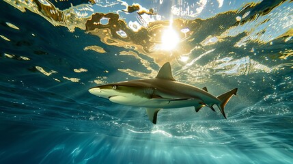 Underwater, sunshine, Atlantic Ocean, Caribbean, Bahamas, Central America; blacktip shark...