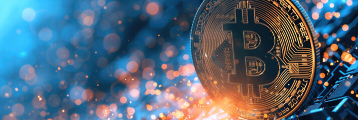 big bitcoin, gold coin, cryptocurrency on abstract blue background with orange glow with bokeh