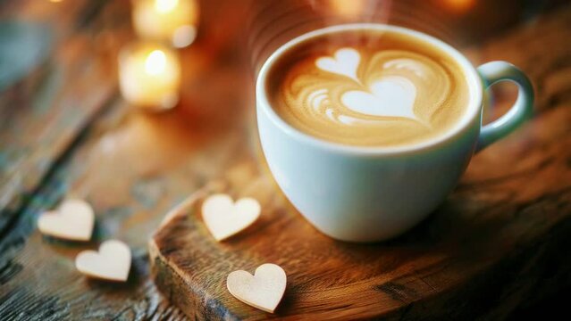 Fresh coffee with beautiful latte art on Valentine's Day