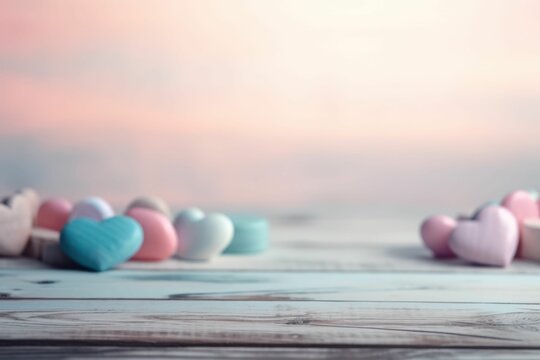 AI generated illustration of heart-shaped candies on a wooden table