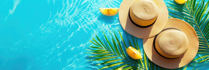 two straw hats next to palm leaves, lemon slices on a blue background with waves, empty space for...