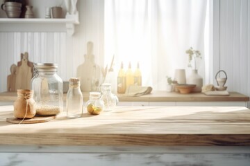 Kitchen countertop featuring various glass jars organized neatly on a wood table, AI-generated.