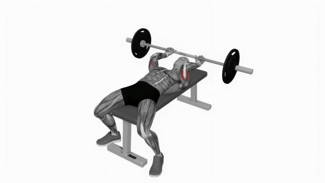 3D rendered animation of a person doing a tricep exercise with a barbell on the white background
