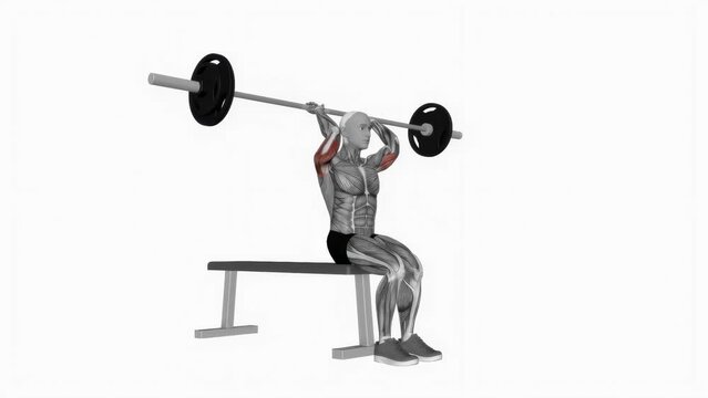 3D rendered animation of a person doing a tricep exercise with a barbell on the white background