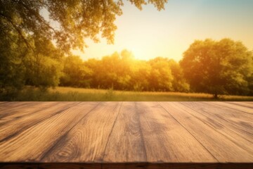 Wooden table with lush green trees in the background, AI-generated.