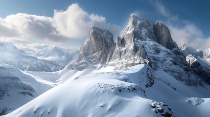 Three snow-capped mountains in the winter alpine scene