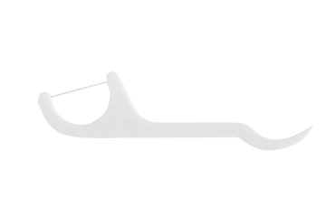 Disposable toothpick with dental floss on a plastic base on a blank background.