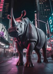 AI generated illustration of a rhinoceros illuminated by the bright lights of multiple billboards
