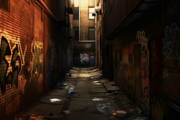 AI generated illustration of a narrow alleyway with graffiti-covered walls