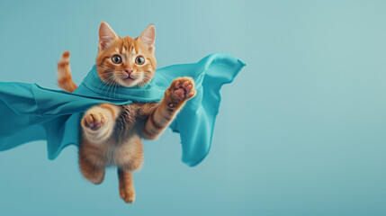 Superhero cat, Cute orange tabby kitty with a blue cloak jumping and flying on light blue background with copy space. The concept of a superhero, super cat, leader, funny animal studio shot. 