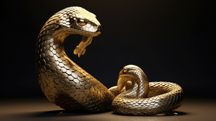Fototapeta premium a large golden snake next to a small one, on a black background