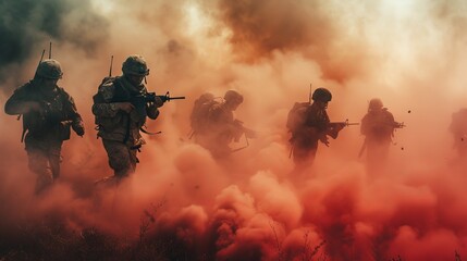 Military combat amid the conflict. Troops in the smoke