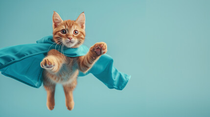 Fototapeta premium Superhero cat, Cute orange tabby kitty with a blue cloak jumping and flying on light blue background with copy space. The concept of a superhero, super cat, leader, funny animal studio shot. 