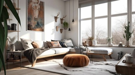 AI generated illustration of a cozy and inviting boho-styled living room with a white couch