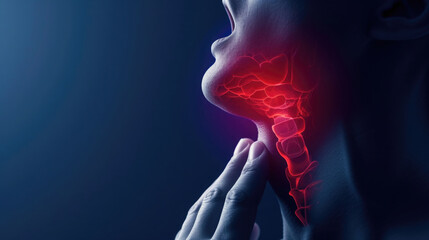 close-up sore throat, sore red neck, open mouth, flu, blue background, empty space for text
