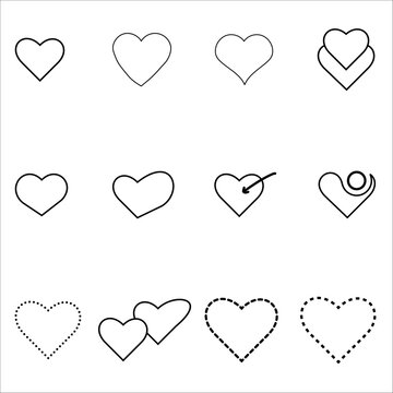 heart icon outline set in vector. romantic design set symbol.