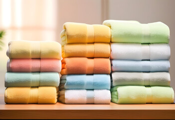 Stack of Towels, Table, Linens, Cloth, Clean, Hygiene, Folded, Neat, Pile, Household, Bathroom, Fabric, Soft, Hotel, Resort, AI Generated