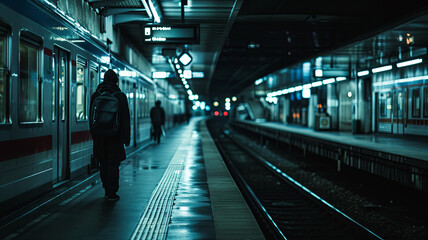 Fototapeta premium TrainStation Men behind sunset