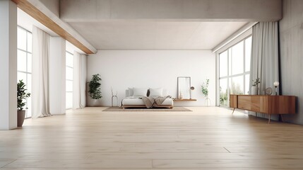 Naklejka na ściany i meble AI-generated illustration of a contemporary spacious bedroom with a wood floor.