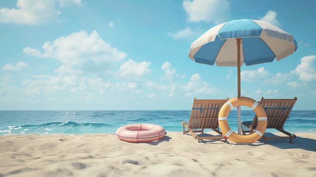 Summer vacation concept: beach umbrella with chairs and inflatable ring on beach sand. 3D rendering