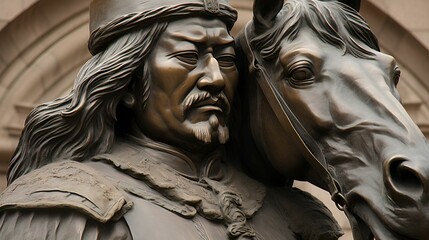 AI generated illustration of a majestic bronze statue of Genghis Khan and his horse Bucephalus