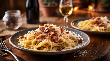 AI generated illustration of two plates of pasta served with wine - obrazy, fototapety, plakaty