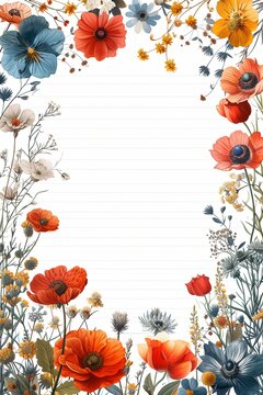 Fototapeta a printable journal lined sheet for writing page featuring a border of hand drawn wild flowers.