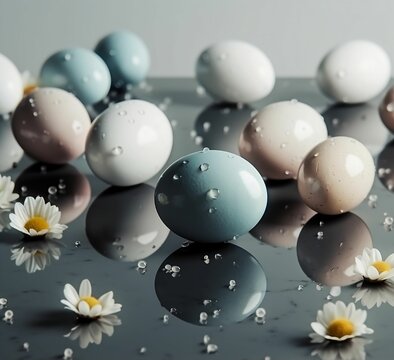 AI generated illustration of a composition of painted eggs and white flowers on a dark surface