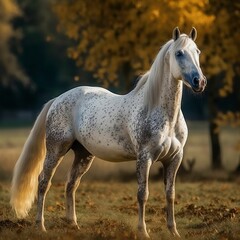 Obraz na płótnie Canvas AI generated illustration of a majestic white horse in a picturesque meadow with lush trees