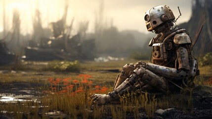 Solitude in ruins: a rustic robot contemplates amidst apocalyptic decay - futuristic sci-fi concept in abandoned setting, conceptual art photography