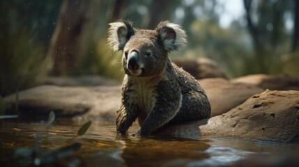 AI-generated illustration of a koala bear near a serene body of water surrounded by lush trees.