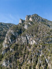 Picturesque mountains and peaks surrounded by fir forest trees on a sunny day