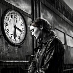 a woman standing on the train platform next to a clock - obrazy, fototapety, plakaty