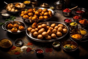 In a traditional Indian kitchen, a skilled chef meticulously assembles a platter of gol gappe, carefully spooning the spicy potato mixture and tangy chutneys into each crispy shell.  - obrazy, fototapety, plakaty