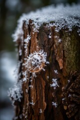 AI generated illustration of a tree stump covered in a blanket of snow