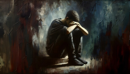 The Weight of Thoughts - Introspective Man in a Textured Oil Painting