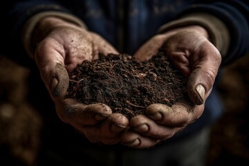 AI generated illustration of a man holding out his hands filled with soil from a garden - obrazy, fototapety, plakaty