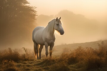 AI generated illustration of a majestic white stallion standing in a misty field at sunset - obrazy, fototapety, plakaty